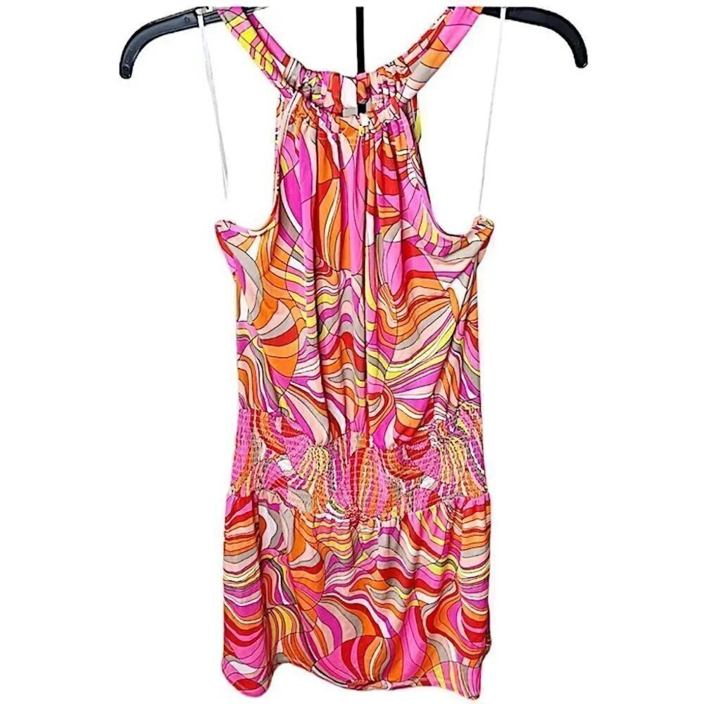Trina Turk Women's Juju Halter Neck Dress/Swim Cover Up Bright Floral Ruched Sma